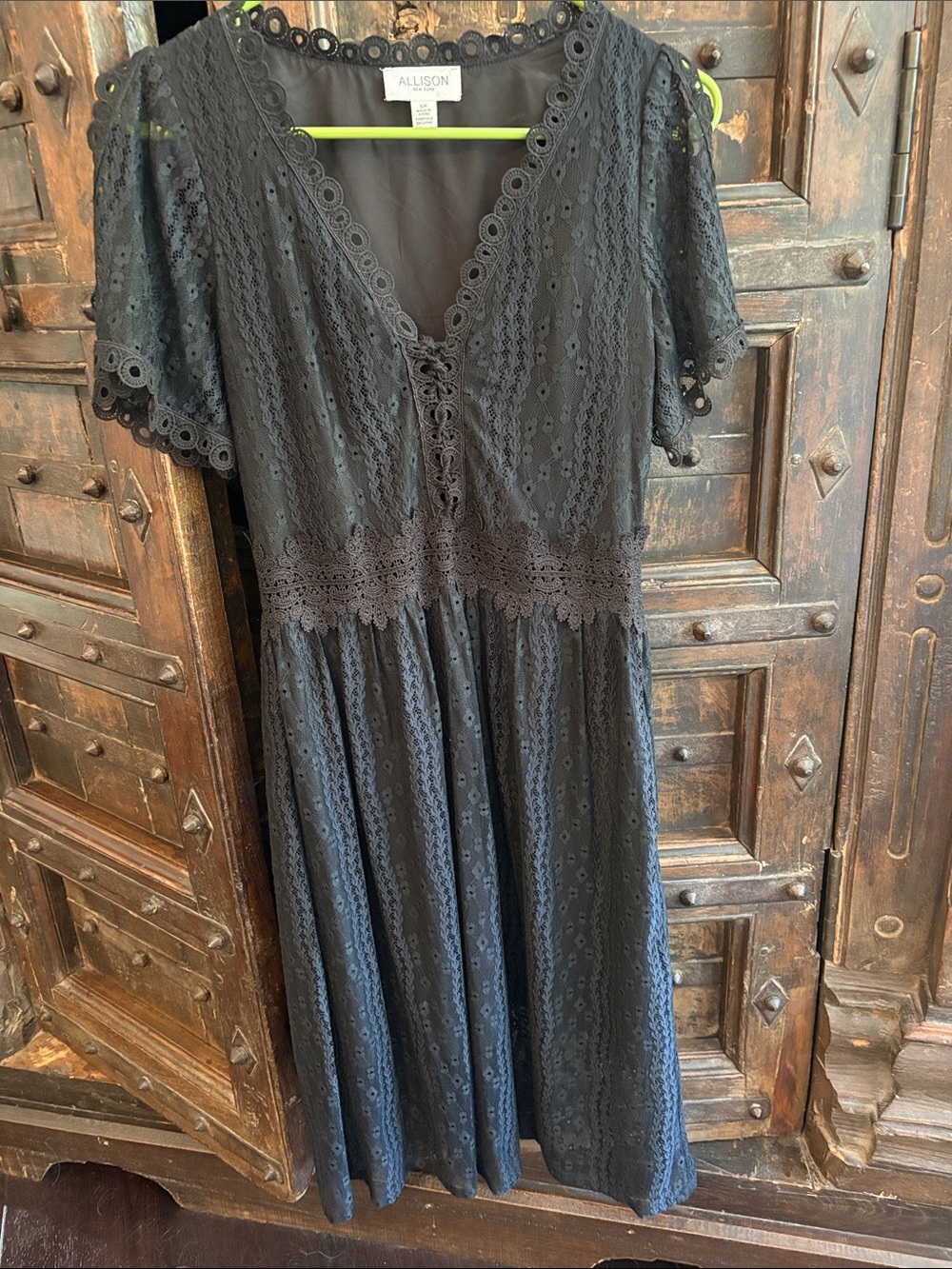 Allison Clothing Black Eyelet Lace Midi Dress with V-Neck